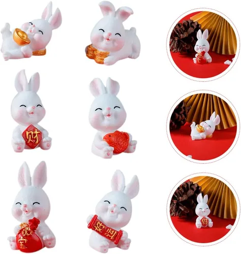 Vista 8 de ABOOFAN Figuras de conejo en miniatura de conejo, 6 piezas, mini figuritas chinas, adorno del año del zodiaco chino para festival de primavera