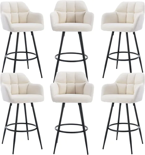 Vista 16 de ROCITY Juego de 2 taburetes de bar de terciopelo con respaldo, silla de bar beige para isla de cocina, taburetes de bar modernos con patas de metal