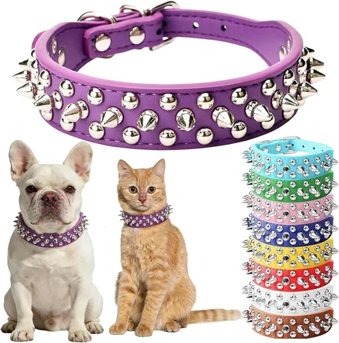 Vista 14 de Collar de perro con pinchos para perros pequeños, collares de cachorro macho con pinchos de cuero PU con remaches de hongos, collares tachonados