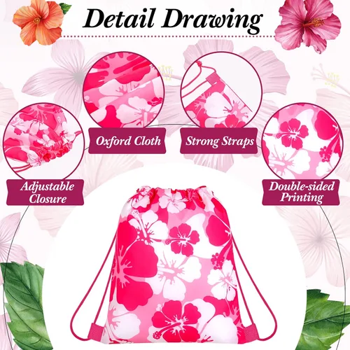 Vista 3 de Teling - 14 mochilas de hibisco, bolsas de recuerdos de fiesta con temática hawaiana con cordón Tiki Luau Treat Hawaii, bolsa de regalo tropical