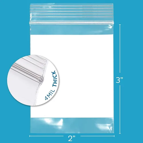 Vista 2 de GPI - 2" x 3" - Paquete a granel de 100, bolsas de plástico transparente con cierre de cremallera de 4 mil de grosor, resistentes, con bloque blanco