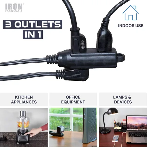 Vista 5 de IRON FORGE CABLE Cable de extensión de enchufe plano con 3 tomas, 0.91 m (3 pies) en color negro - Cable de extensión para interior con 3 tomas