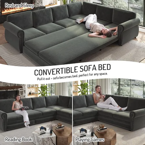 Vista 5 de Sofá cama seccional en forma de L de 6 asientos, sofá extraíble de chenilla gris Gris oscuro