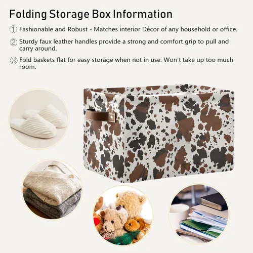 Vista 6 de Cesta de almacenamiento rectangular de lona con estampado de vaca con asas para el hogar, oficina, libros, guardería, juguetes para niños, armario