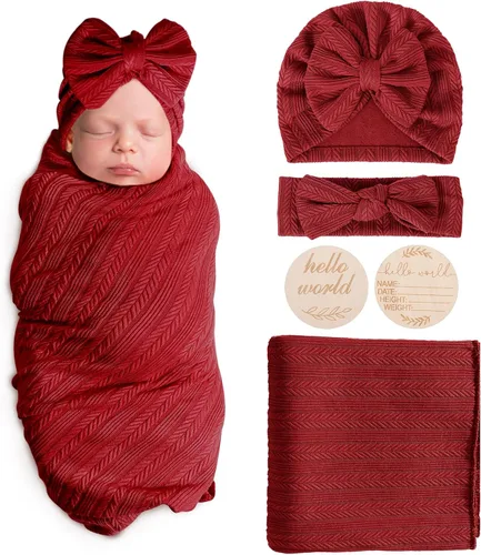 Vista 8 de AQOKKA Manta de Recepción para Recién Nacido con Gorro de Lazo Mitones Juego de Tarjetas de Madera para Recién Nacidos Niños Pequeños Bebé Niño Niña
