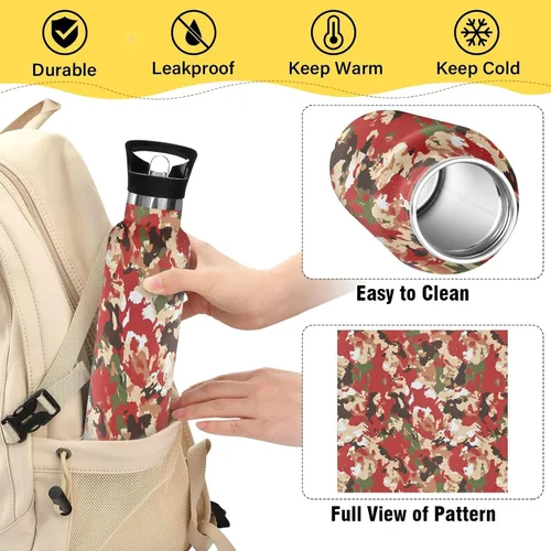 Vista 4 de Sport Insulated Water Bottle with Leak Proof Spout Lid Vacuum Insulated BPA-Free Leak Proof for Travel, Camping, Sports, Army Woodland Camo Gold