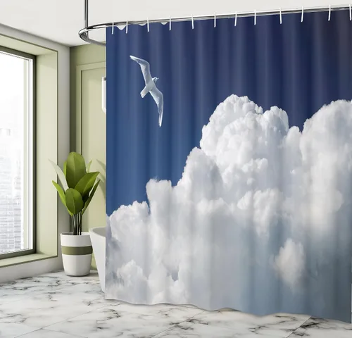 Vista 4 de Ambesonne Cortina de ducha de gaviotas, cielo nublado y gaviota voladora, imagen de meteorología de paisaje nublado, juego de decoración de baño