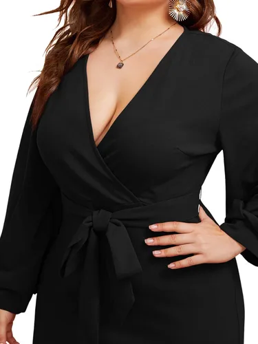 Vista 3 de Verdusa Vestido ajustado de talla grande con cuello en V y manga farol, con cinturón