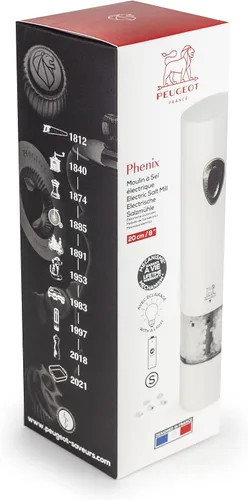 Vista 5 de Peugeot PHENIX - Molinillo de sal y pimienta ajustable eléctrico de acero inoxidable lacado blanco, 8 pulgadas