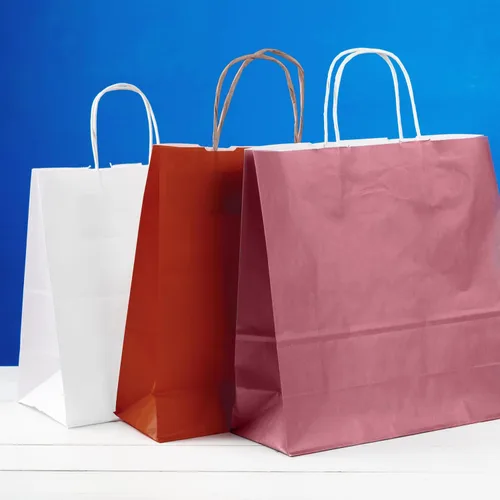 Vista 7 de Bolsas de papel kraft con asas. Bolsas de papel biodegradables de 150 GSM con asas para cualquier ocasión, Rojo