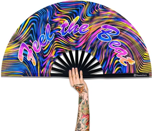 Vista 10 de Abanico Plegable Grande, Abanico Rave Clack de 13 Pulgadas, Abanico de Mano para Mujeres y Hombres con Tela de Satén Premium, Marco de Bambú Grueso