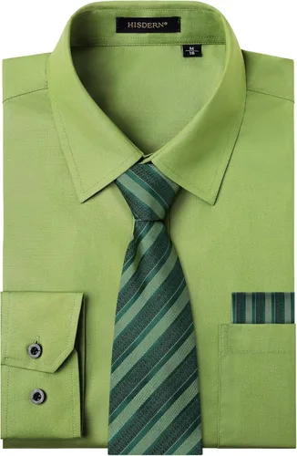 Vista 76 de HISDERN Mens Dress Shirt with Tie Pocket Square Set Classic Button Down Shirt Matching Tie Long Sleeve Shirts 08-verde
