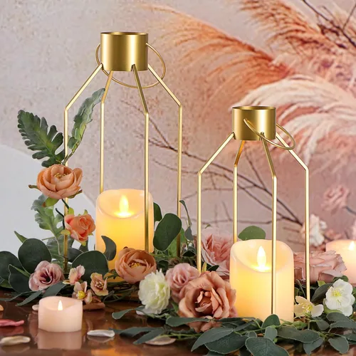 Vista 4 de NITIME 2 faroles decorativos de metal dorado de 12/15 pulgadas (sin vidrio), faroles de metal dorado decorativos para exteriores con 2 velas LED