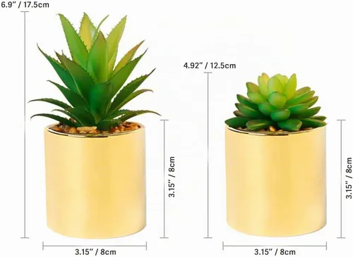 Vista 3 de Plantas artificiales suculentas de imitación de 7 y 5 pulgadas en macetas para decoración del hogar, juego de 2 macetas doradas