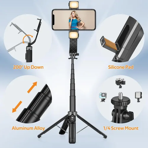 Vista 7 de UTEBIT Trípode para selfie stick con luz, soporte de trípode portátil de 40 pulgadas con control remoto inalámbrico, tornillo de 1/4 pulgadas