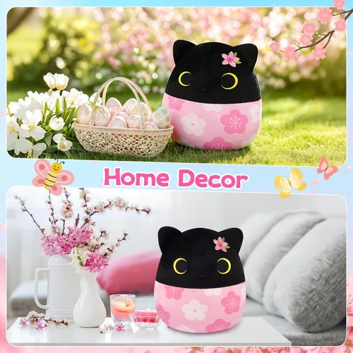 Vista 2 de Peluche de gato negro, animal de peluche Sakura con bordado Sakura en la cabeza, regalos de felpa suave para niños y niñas