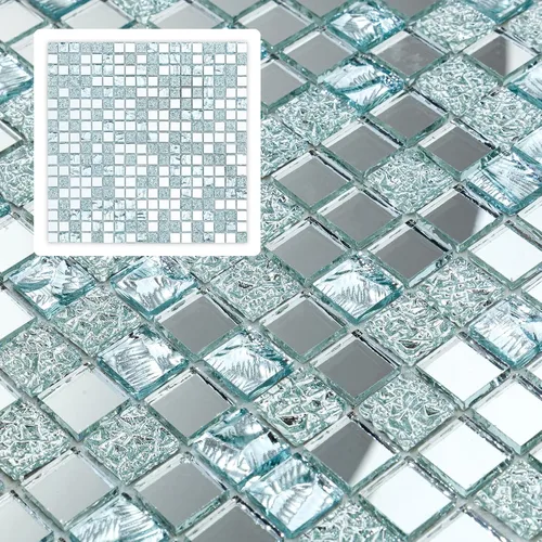 Vista 10 de 5 hojas de azulejos de mosaico de espejo plano cuadrado plateado para salpicaduras de cocina y pared de baño