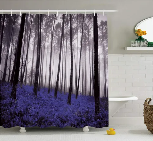Vista 44 de Ambesonne Cortina de ducha con diseño de ciervo, silueta de animales del bosque brumoso en la naturaleza, diseño de dibujos animados, decoración