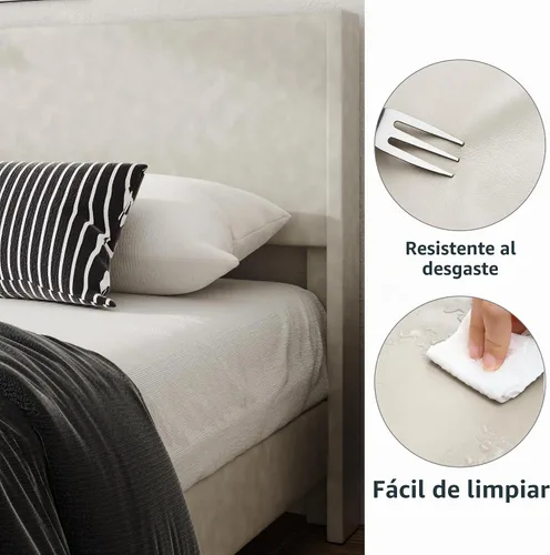 Vista 5 de Base de cama tamaño matrimonial con cabecero tapizado de imitación de cuero, resistente al desgaste, fácil de limpiar, base para colchón, no Beige