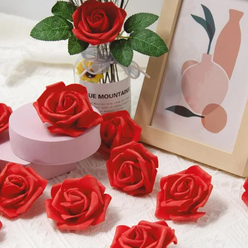Vista 2 de AUSTOR 200 cabezas de rosas artificiales de espuma a granel, rosas artificiales rojas de 3 pulgadas, cabezas de rosas artificiales para decoración