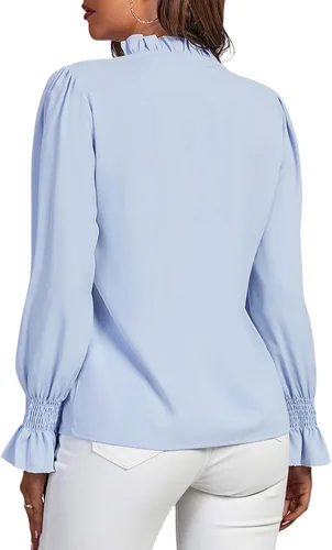 Vista 5 de Rooscier Blusa elegante de manga larga con volantes y cuello alto falso para mujer