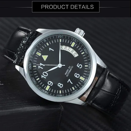 Vista 4 de Carlien Hombre Sport Date Correa de cuero negro Reloj automático automático (negro), Negro -, Reloj de cuerda automática, cuerda automática