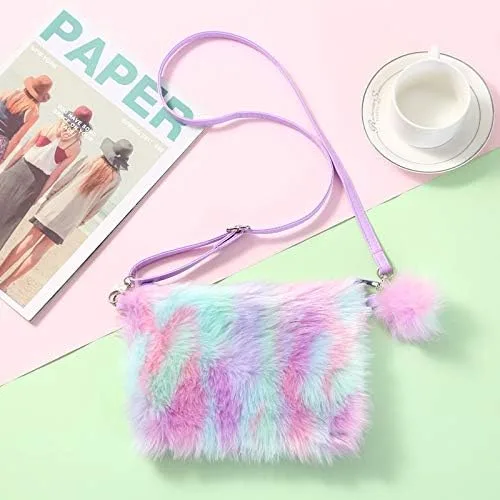 Vista 2 de Bolso esponjoso de peluche para mujer, niña, color arcoíris