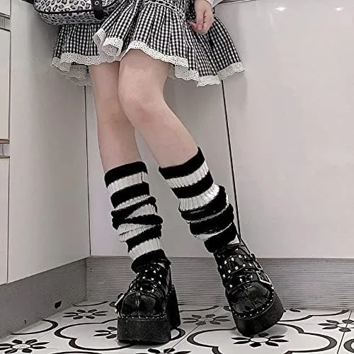 Vista 3 de NUFIWI Harajuku - Calcetines largos de punto gótico Lolita japonesa, polainas, polainas góticas hasta la rodilla, calcetines de invierno