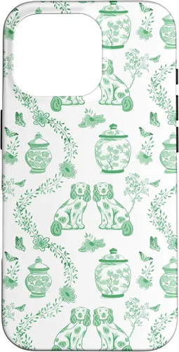 Vista 19 de Funda para iPhone XS Max Preppy Green & White Toile Chinoiserie Dogs and Ginger Jars