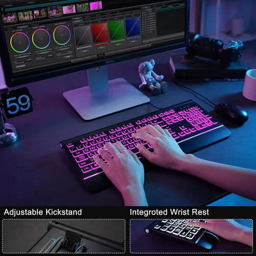 Vista 5 de Combo de teclado y ratón con cable - Teclado retroiluminado con letras grandes, teclado USB silencioso con cable y ratón óptico para Windows, PC