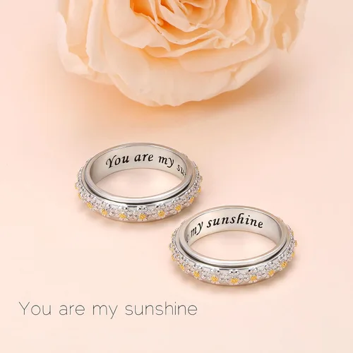 Vista 2 de Anillo giratorio para aliviar la ansiedad con margaritas You Are My Sunshine Flower Fidget Ring de plata esterlina TDAH para aliviar el estrés