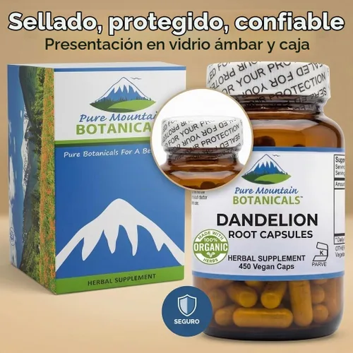 Vista 6 de Pure Mountain Botanicals Cápsulas de raíz de diente de león, suplemento orgánico de 450 mg, 90 pastillas de diente de león veganas kosher sin OMG