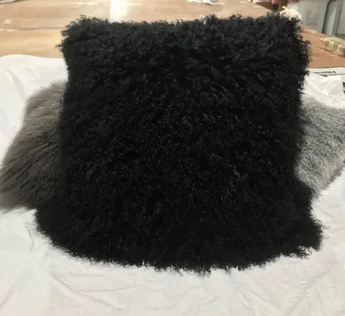 Vista 6 de Funda de cojín/funda de almohada de piel de cordero mongol 100% real (20 x 20 pulgadas, negro)