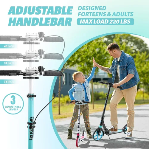 Vista 2 de Scooter para niños a partir de 8 años, adolescentes y adultos, scooter ligero con correa de transporte de altura ajustable equipado con freno