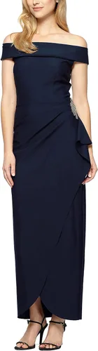 Vista 19 de Alex Evenings - Vestido largo adelgazante para mujer con falda lateral fruncida y volante en cascada Negro