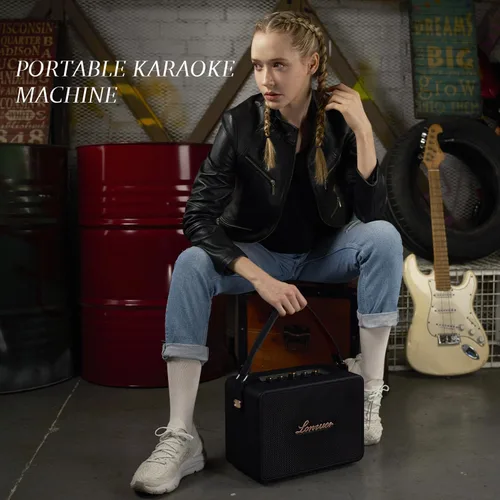 Vista 2 de Máquina de karaoke portátil recargable de 18000mAh 120W con graves potentes Bluetooth con 2 micrófonos inalámbricos Entrada AUX para guitarra