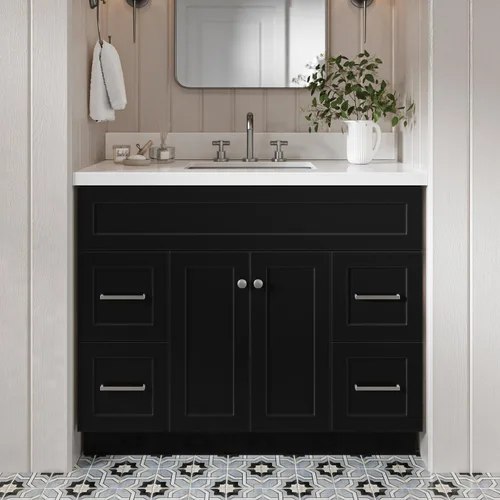 Vista 10 de DKB Isabella - Mueble de baño negro de 42 pulgadas con fregadero, lavabo rectangular, encimera de cuarzo blanco puro y protector contra salpicaduras