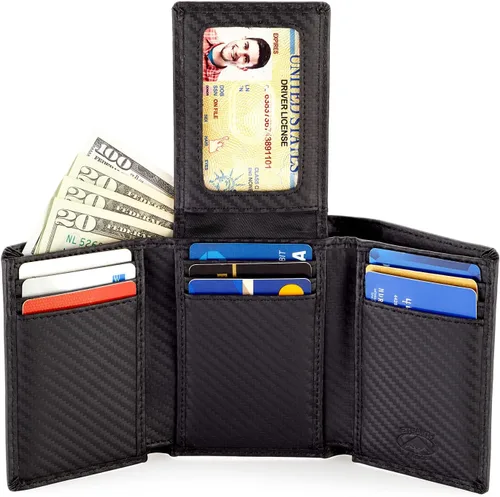Vista 3 de Stealth Mode Billetera triple Cartera con bloqueo RFID con soporte para identificación Funda de cuero para dinero, tarjetas de crédito