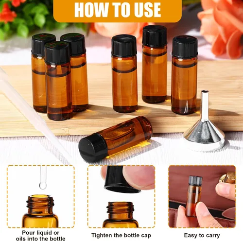 Vista 5 de Tanlade 100 botellas pequeñas de vidrio de 0.2 fl oz (1/6 onzas), botella de aceite esencial con tapas de rosca de plástico y embudo de plástico