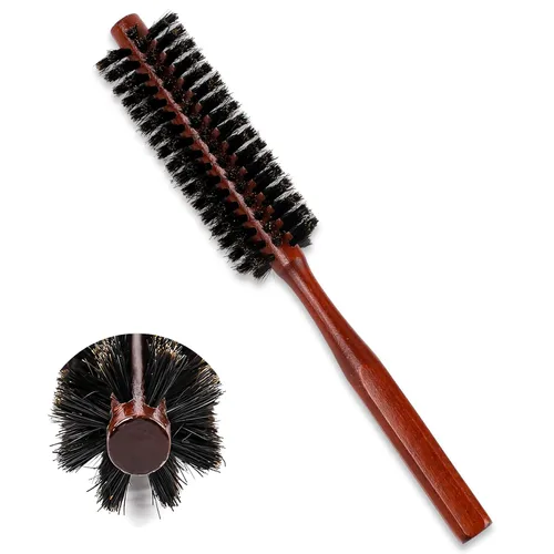 Vista 8 de Mini cepillo de pelo redondo portátil para rizar y barba con mango de madera natural, cepillo de cerdas de jabalí para secar y peinar para mujeres