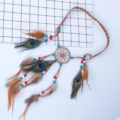 Vista 5 de AWAYTR Boho Dreamcatcher tocado pluma pavo real diadema diadema festival banda para el pelo (marrón)