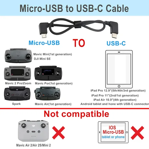 Vista 2 de Hanatora Cable de control remoto micro USB a USB C de 11.4 pulgadas para DJI Mavic Mini, SE, Air, Mavic 2 Pro/Zoom, Mavic Pro, Spark, cable