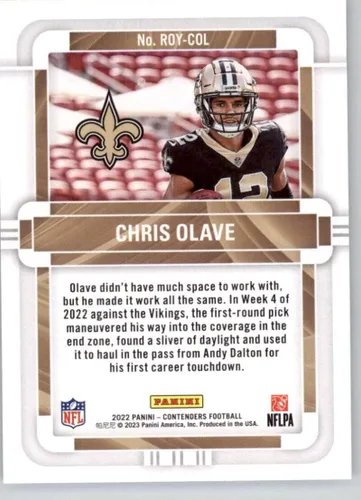 Vista 2 de 2022 Panini NFL Contenders Rookie of the Year Contenders #5 Chris Olave New Orleans Saints RC Rookie Officially Licensed Football Trading Card