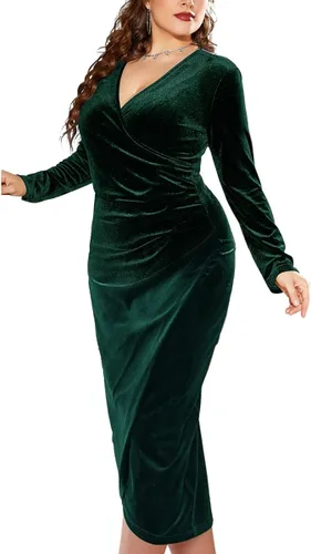 Vista 3 de TINSTREE Vestido ajustado de terciopelo de manga larga para mujer, talla grande, sexy, fruncido, cuello en V profundo, vestido de cóctel para fiesta