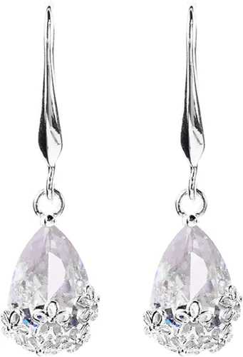 Vista 8 de Pendientes de aro con forma de gota y colgante, diseño vintage de gota de agua floral de metal con incrustaciones de circonita cúbica, joyería