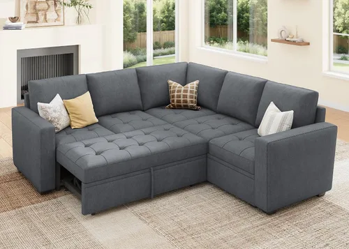 Vista 20 de HONBAY Sofá cama modular modular con cama extraíble, sofá en forma de L con asiento de almacenamiento, sofás seccionales para sala de estar, beige