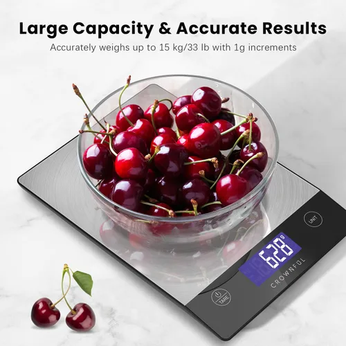 Vista 5 de CROWNFUL Báscula de alimentos, 33 libras, recargable, de acero inoxidable 304, báscula digital de cocina, gramos, onzas y onzas, con pantalla LCD