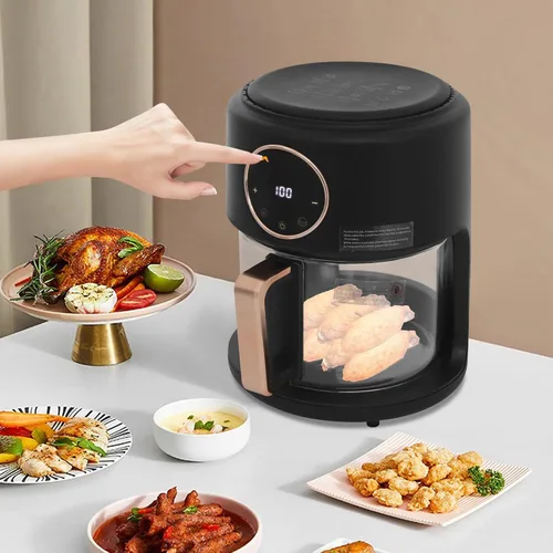 Vista 5 de Freidora aireada de 4.2L, vidrio LCD negro 360° Visual Airy Freidora con pantalla digital, freidora de aire de vidrio de 1200 W, temperatura