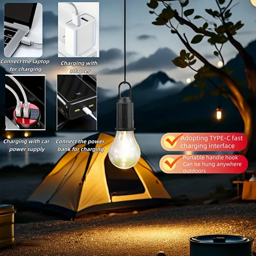 Vista 8 de Linterna LED portátil para campamento, gancho para colgar en cualquier lugar, recargable USB-C, 3 modos de brillo, resistente al agua