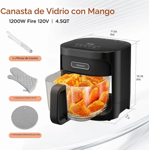Vista 4 de Vexon Freidora de aire de vidrio de 4.5 L, ventana de visualización transparente, cesta fácil de limpiar, múltiples modos de cocción, controles Negro